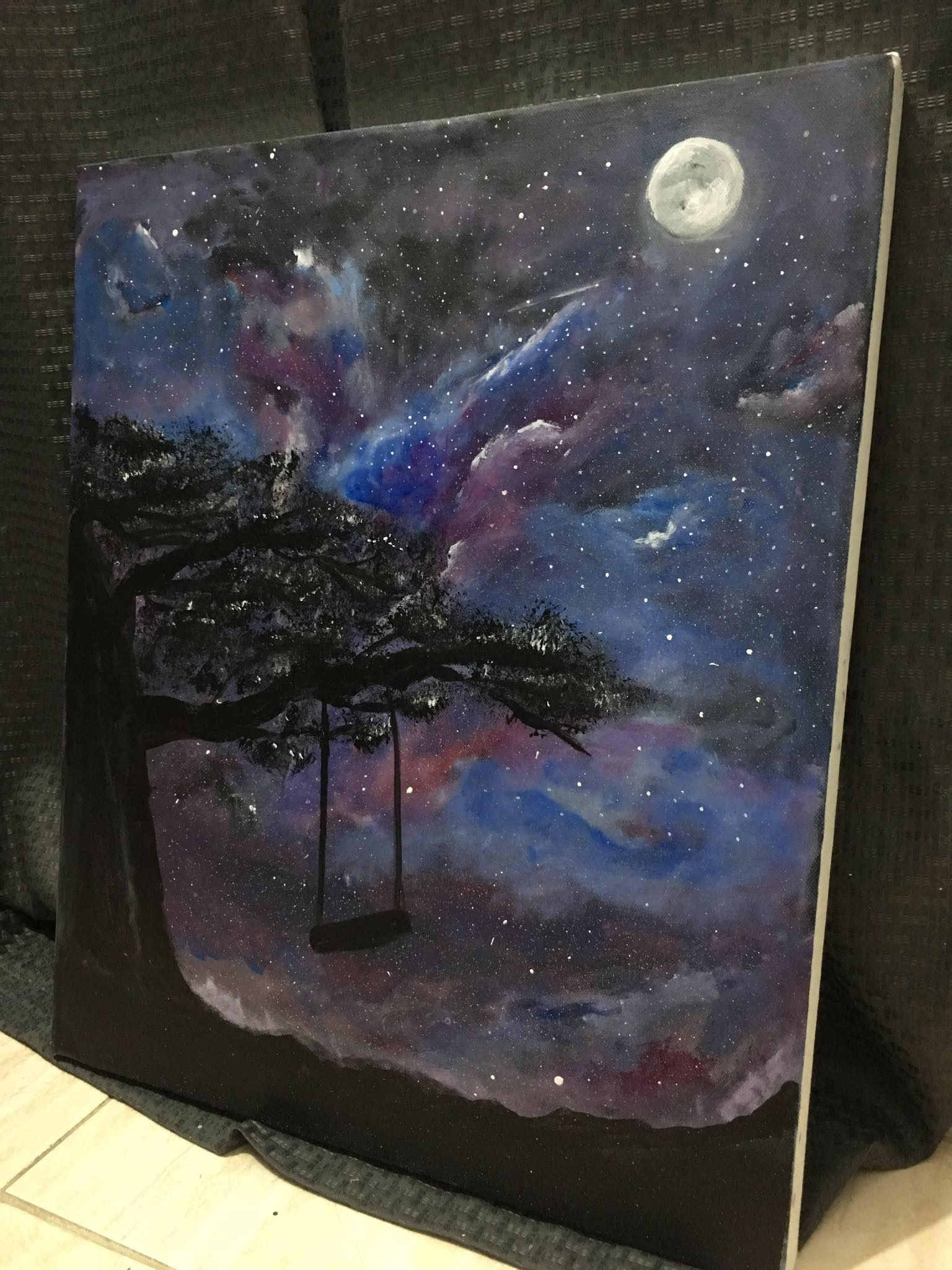 painting of a swing on a tree under the moonlight