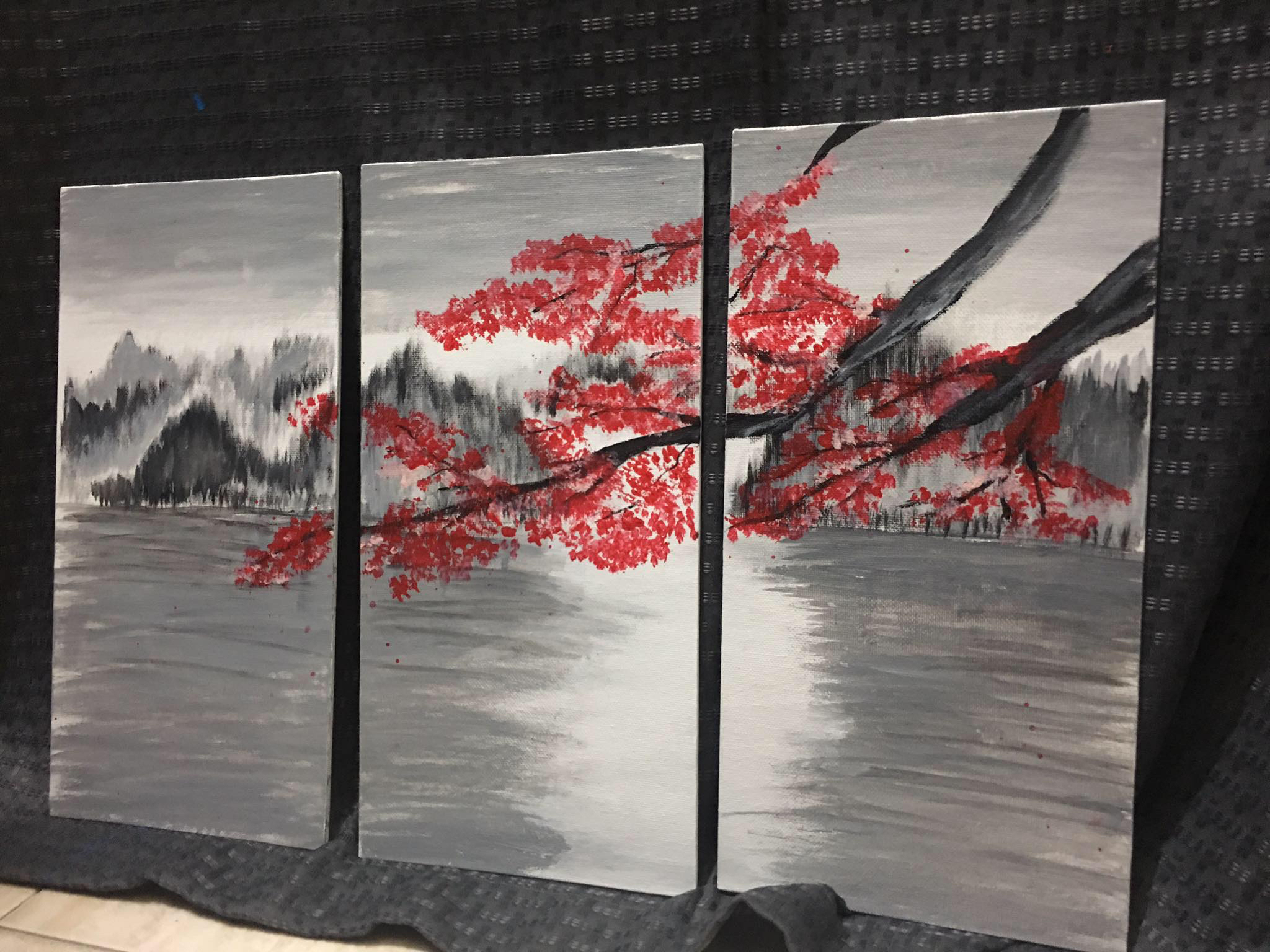 Cherry blossom painting in three parts